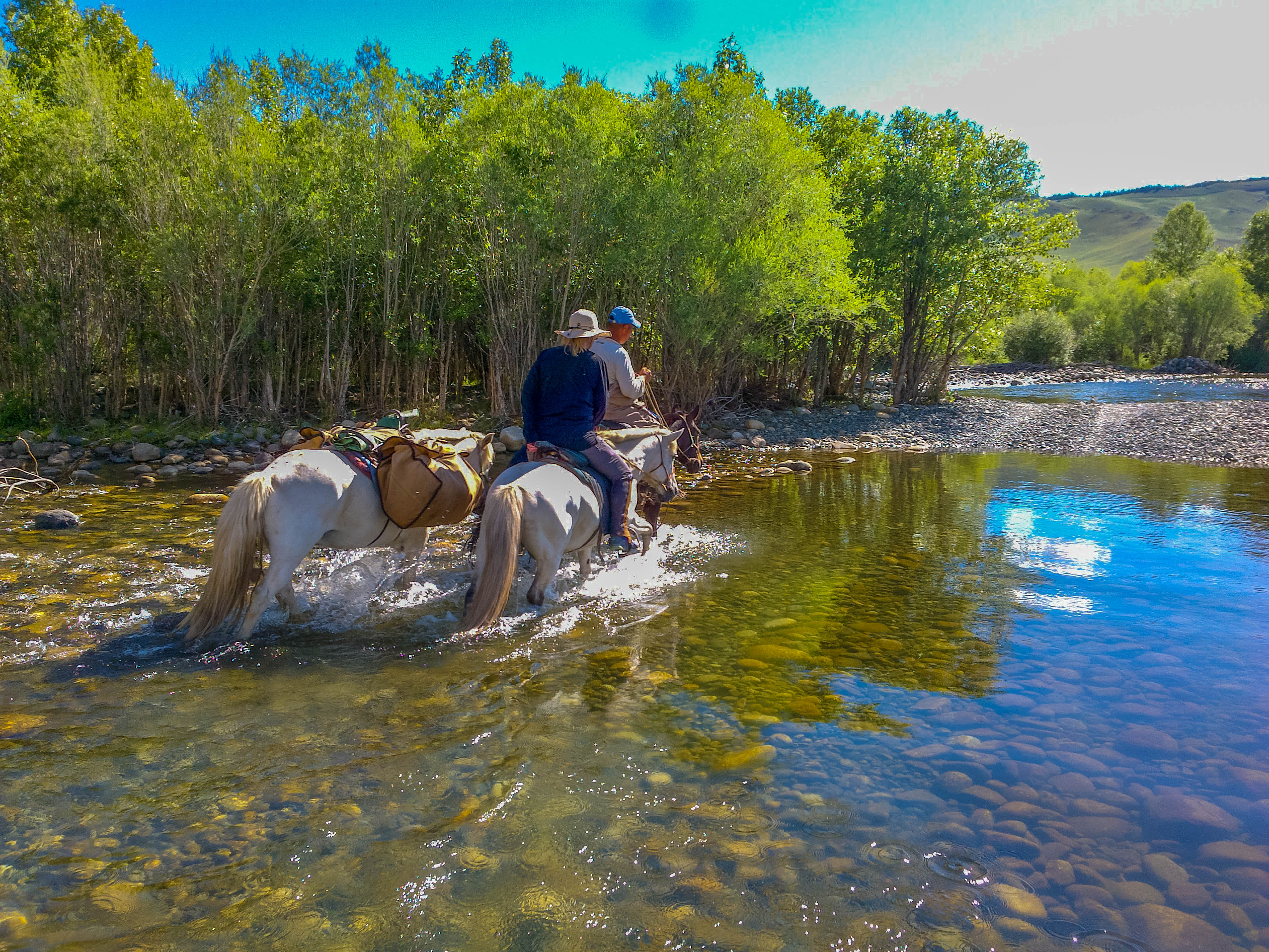 Horse riding crossing river